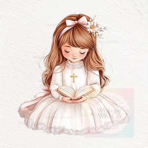 Clipart Niña Primera Comunión Leyendo Biblia con Corona de Flores, Arte Digital en Acuarela PNG para Invitaciones Religiosas y Manualidades