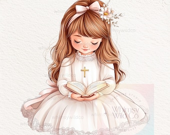 May include: A young girl in a white dress with lace trim and a gold cross is sitting and reading a book. She has long brown hair with a white flower crown and a pink bow.