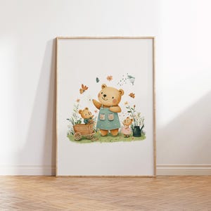 Ilustración acuarela mamá osa e hijos en el bosque, póster imprimible vintage, arte infantil, decoración habitación bebé, descarga digital