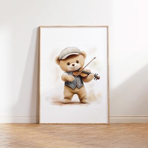 Osito de peluche tocando violín ilustración acuarela, lámina imprimible vintage, arte infantil, decoración infantil, descarga digital