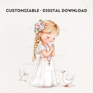 Ilustración personalizada Primera Comunión, Añade gafas, elige color de pelo y más / Descarga digital, Niña Primera Comunión Personalizada