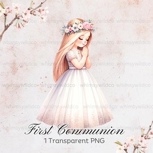 Elegante prima comunione ragazza clipart con corona di fiori - perfetta per inviti religiosi e artigianato, grafica digitale stampabile di alta qualità