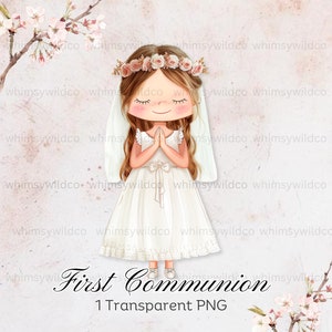 Clipart niña primera comunión, corona de flores adornada, ideal para invitaciones y manualidades, PNG digital de alta calidad para eventos cristianos