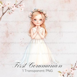 Arte Digital Niña Primera Comunión con Corona de Flores - Ideal para Invitaciones y Manualidades Religiosas, Arte Imprimible de Alta Resolución, Acuarela