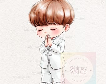 May include: A digital illustration of a young boy in a white suit with a cross necklace, praying with his hands clasped together. The illustration is in a cartoon style with a soft, watercolor-like effect.