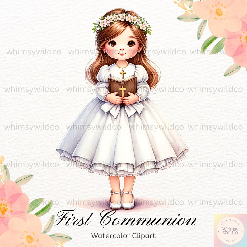 First Communion Girl Clipart with Flower Crown, Elegant Christian Clip Art for Religious Events, Cute Communion Character Illustrations