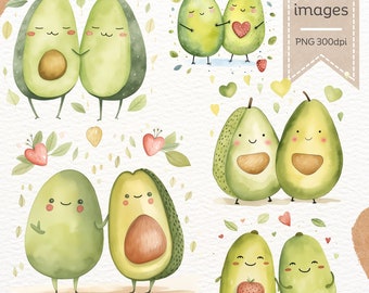 Romantic Avocado Pair Watercolor, Valentine's Clipart, Avocado PNG, Digital Download, Instant Gift for Valentine's Day, Valentine's Day Png