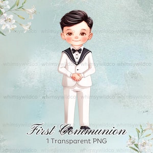 Elegante acuarela primera comunión niño clipart en traje de marinero - ideal para invitaciones y recuerdos, alta resolución y descarga instantánea, acuarela