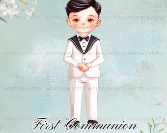 Elegante acuarela primera comunión niño clipart en traje de marinero - ideal para invitaciones y recuerdos, alta resolución y descarga instantánea, acuarela