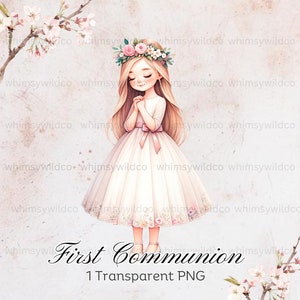 Élégante première communion priant Girl Clipart - PNG aquarelle numérique pour faire-part et travaux manuels, aquarelle transparente art, art catholique