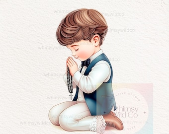 May include: A young boy in a white shirt and blue vest is kneeling with his hands clasped in prayer. He is wearing a black bow tie and holding a black rosary with a silver cross.