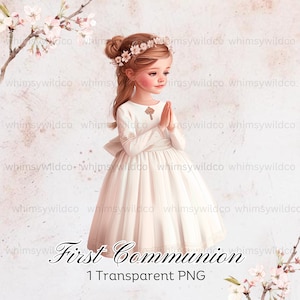 Clipart de fille de première communion avec couronne de fleurs, parfait pour les invitations, les travaux manuels et les événements chrétiens, PNG transparent de haute qualité, numérique