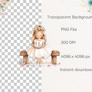 May include: A watercolor illustration of a girl in a white dress sitting on a wooden bench. She is holding a book and wearing a flower crown. The background is a light pink watercolor wash.