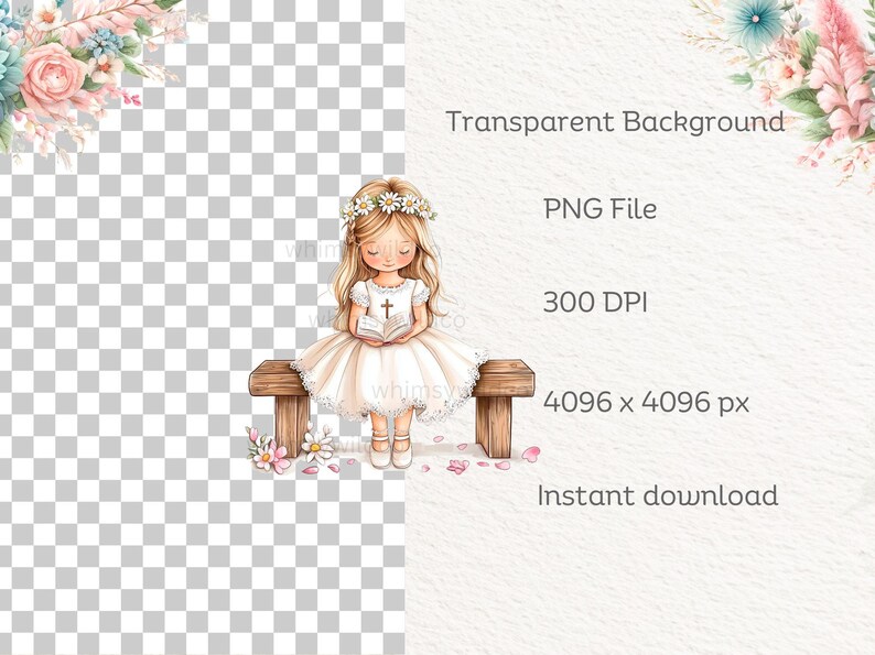May include: A watercolor illustration of a girl in a white dress sitting on a wooden bench. She is holding a book and wearing a flower crown. The background is a light pink watercolor wash.