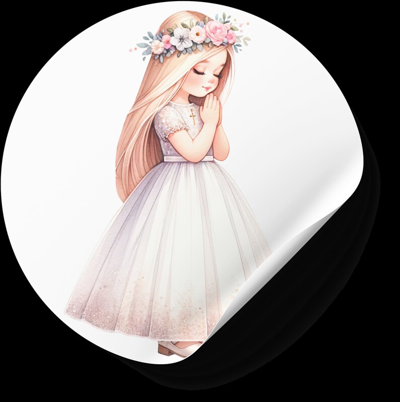 May include: A young girl in a white dress with a flower crown and a cross necklace, praying with her hands clasped together.
