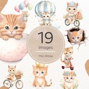 Adorable Watercolor Cats Clipart Bundle - 19 High-Quality Baby Kitten PNGs, Cute Animal Digital Art for Instant Download