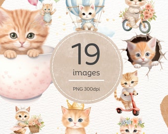 Adorable Watercolor Cats Clipart Bundle - 19 High-Quality Baby Kitten PNGs, Cute Animal Digital Art for Instant Download