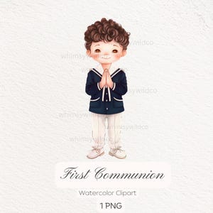 Clipart Niño Primera Comunión Acuarela / Ilustración Niño Orando / Traje Marinero Azul / Cabello Rizado Castaño / PNG Fondo Transparente