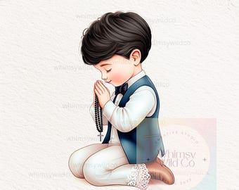 May include: A young boy in a white shirt and blue vest is kneeling with his hands clasped in prayer. He is wearing a black bow tie and has black hair. He is holding a black rosary with a silver cross.