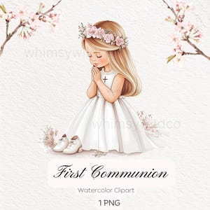 Clipart di bambina della prima comunione con corona di fiori in rosa pastello, ideale per inviti religiosi, arte digitale stampabile per artigianato e decorazioni