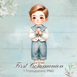 Clipart acquerello ragazzo prima comunione - Grafica incontaminata del bambino che prega per inviti, decorazioni e artigianato, download istantaneo, PNG