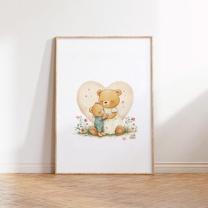 Mamá osa abrazando hijo ilustración acuarela, póster imprimible vintage, arte infantil tierno, decoración habitación bebé, descarga digital