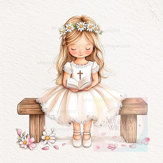 Clipart de Niña de Primera Comunión con Corona de Margaritas y Biblia, Arte Digital Imprimible para Invitaciones y Manualidades Religiosas