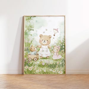 Lámina mamá osa con hijos ilustración acuarela, escena en el bosque, arte infantil vintage, dekoracje infantil, pobierz digital imprimible