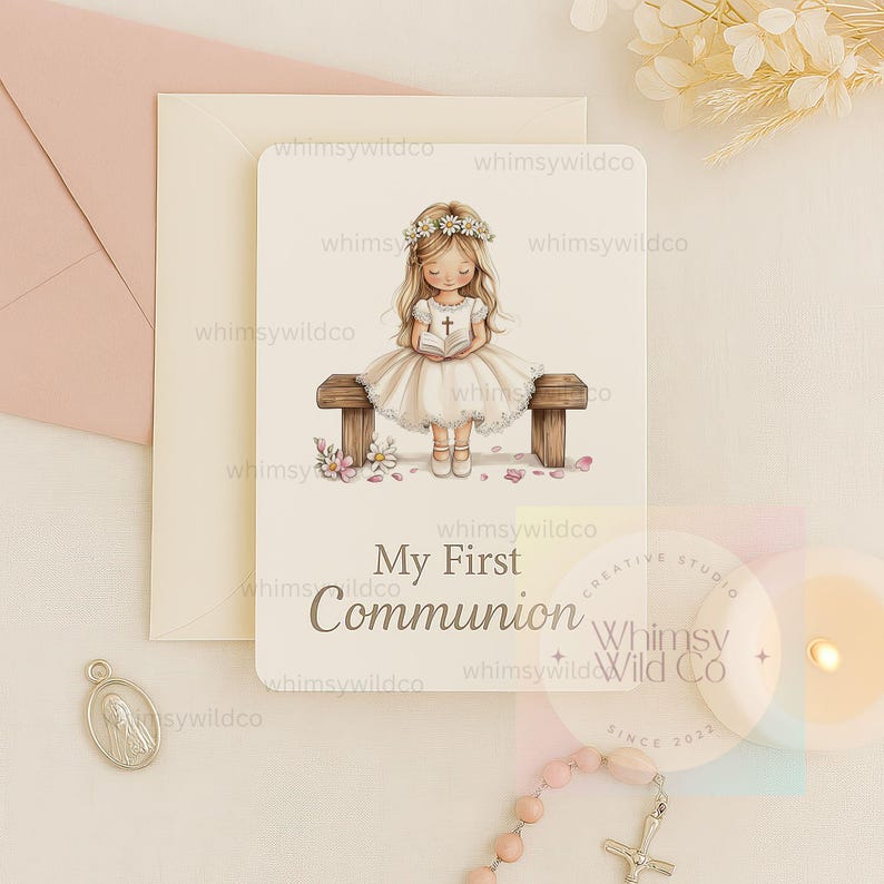 May include: A white card with a watercolor illustration of a girl in a white dress holding a book. The girl is sitting on a wooden bench with flowers and petals around her. The text "My First Communion" is printed on the card.