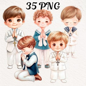 Niño Primera Comunión PNG Clipart Digital Acuarela, Paquete de Imágenes Prediseñadas para Invitaciones Religiosas, Recuerdos Personalizados