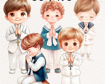 Niño Primera Comunión PNG Clipart Digital Acuarela, Paquete de Imágenes Prediseñadas para Invitaciones Religiosas, Recuerdos Personalizados