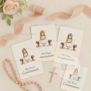May include: Four white cards with a watercolor illustration of a girl in a white dress and a floral crown holding a book. The text on the cards reads "My First Communion".