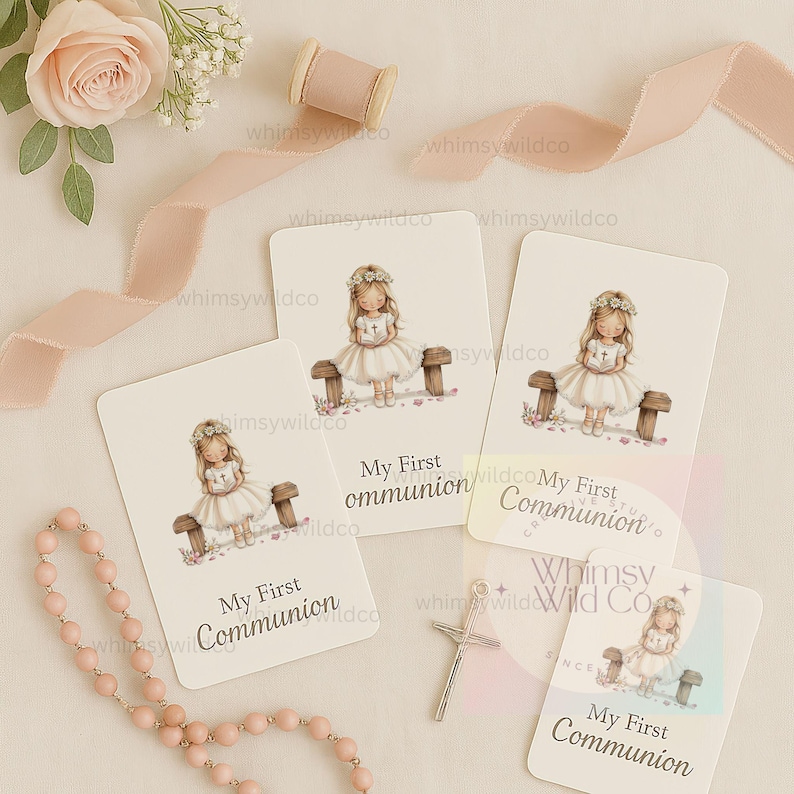 May include: Four white cards with a watercolor illustration of a girl in a white dress and a floral crown holding a book. The text on the cards reads "My First Communion".
