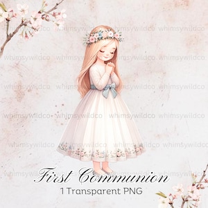 Clipart élégant de fille de prière de première communion - aquarelle numérique de haute qualité pour des invitations, des travaux manuels et des célébrations catholiques