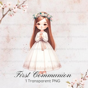 Elegante clipart per ragazza della prima comunione per eventi religiosi, illustrazione di un simpatico personaggio cristiano, perfetta per inviti e creazioni
