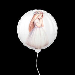 May include: White balloon with a printed image of a girl in a white dress and a flower crown, praying with her hands clasped together.