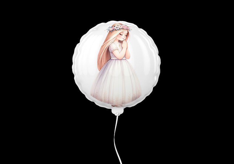 May include: White balloon with a printed image of a girl in a white dress and a flower crown, praying with her hands clasped together.