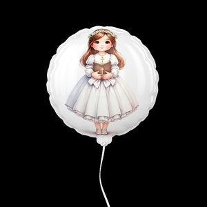 May include: White balloon with a picture of a girl in a white dress holding a book and a cross. She is wearing a flower crown.