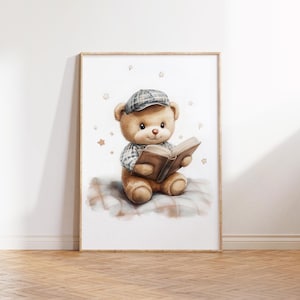 Osito de peluche leyendo libro ilustración acuarela, póster imprimible vintage, arte de pared infantil, decoración bebé, descarga digital