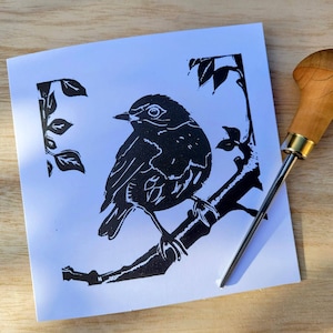 Handprinted linocut Christmas card (Robin)