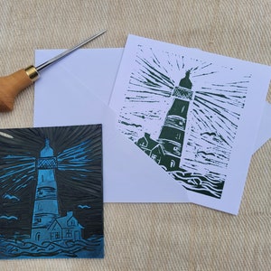 Linóleo impresso à mão, cartão de felicitações ou impressão (Lighthouse)
