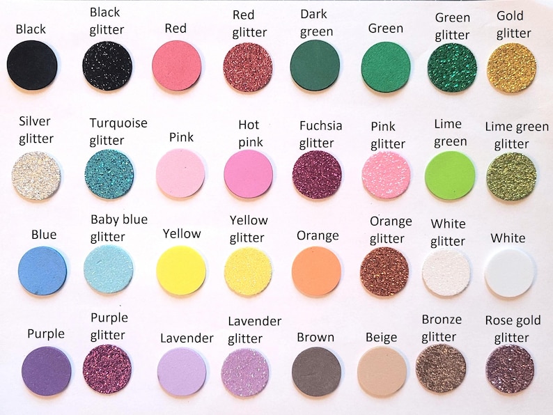 May include: A chart of 24 different colors of glitter, including black, red, green, gold, silver, turquoise, hot pink, fuchsia, pink, lime green, blue, baby blue, yellow, orange, white, purple, lavender, brown, beige, bronze, and rose gold.