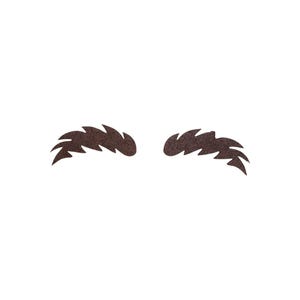 Puede incluir: Dos calcomanías de cejas marrones estilizadas con un diseño de borde dentado. Las calcomanías son simétricas y están colocadas sobre un fondo blanco liso. Es probable que sean accesorios de novedad o de disfraz.