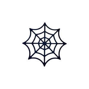 May include: A black spider web graphic on a white background. The web is a symmetrical design with radiating lines and concentric circles, perfect for Halloween or spooky-themed crafts and decorations.
