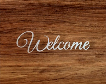 Welcome Wood Cutout, Wreath Attachment Embellishment, Laser Cut Word Sign, Unpainted blanks