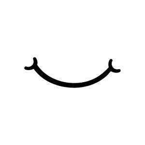 May include: A simple black graphic illustration of a curved line forming a smile. The line is thin and smooth, featuring small, upward-curving hooks at both the left and right ends, creating a minimalist representation of a mouth in a smiling position.