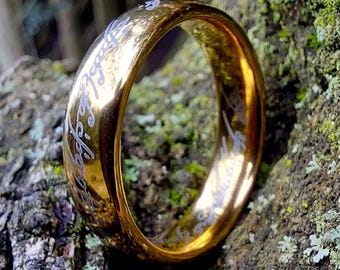 Ring of Power - The One Ring | Elf Ring of Power 6 & 7mm Polished Heavy Tungsten Gold with Elvic Engraved Inside and Outside