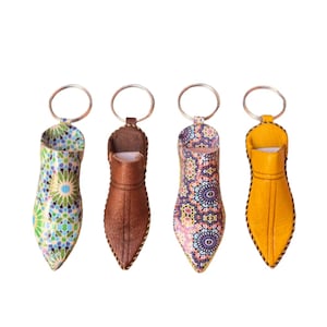 moroccan babouche keychain, artisanal, handmade, authentic handcrafted leather keychain