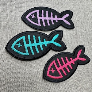 Fish Skeleton Embroidered Iron On Patch – Gothic Fish, Fish Bones, Punk Jacket & Backpack Appliqué