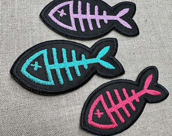 Fish Skeleton Embroidered Iron On Patch – Gothic Fish, Fish Bones, Punk Jacket & Backpack Appliqué